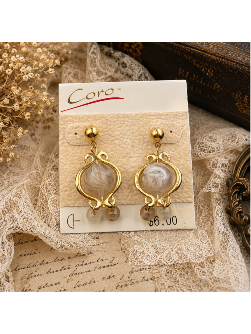 Vintage Coro Gold Tone Faux Agate Drop Earrings on Original Card NOS 1980s